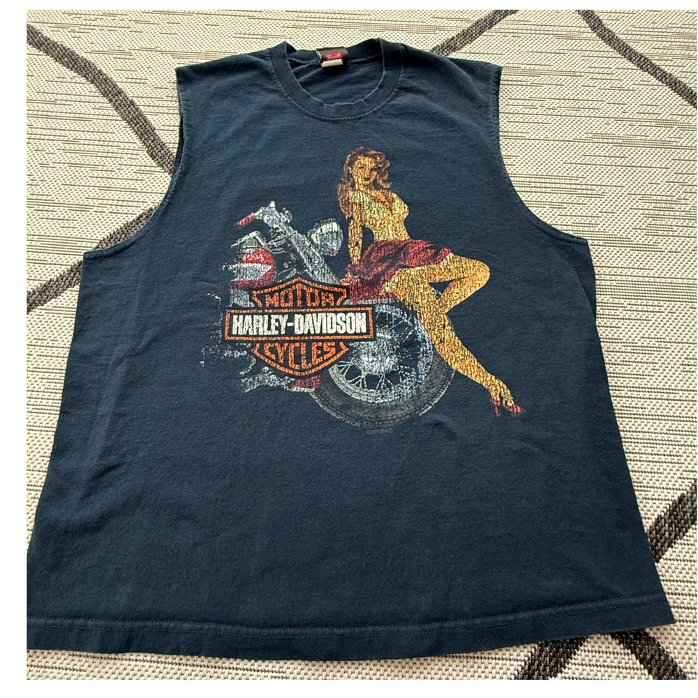 Harley‎ Davidson Blue Sleeveless Pin up Girl Shirt XL Southside Virginia Beach